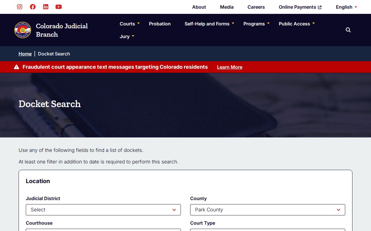 Park County active warrant docket search fields
