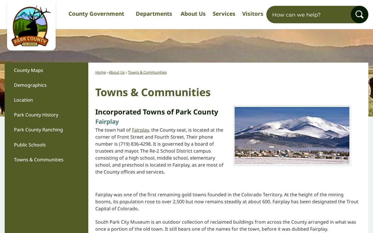 Official Park County page identifying Fairplay and Alma as incorporated towns