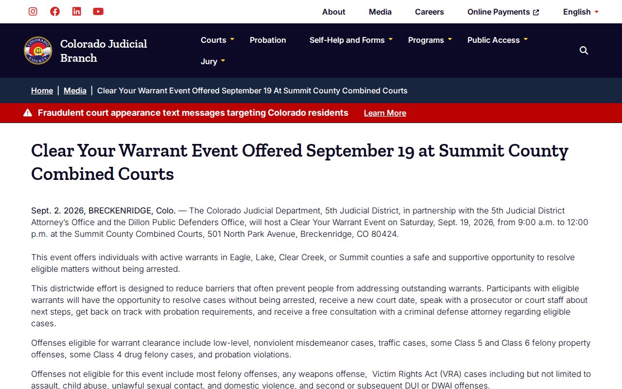 Colorado Judicial Summit County warrant-clearance event shown as a regional example, not a Park County program